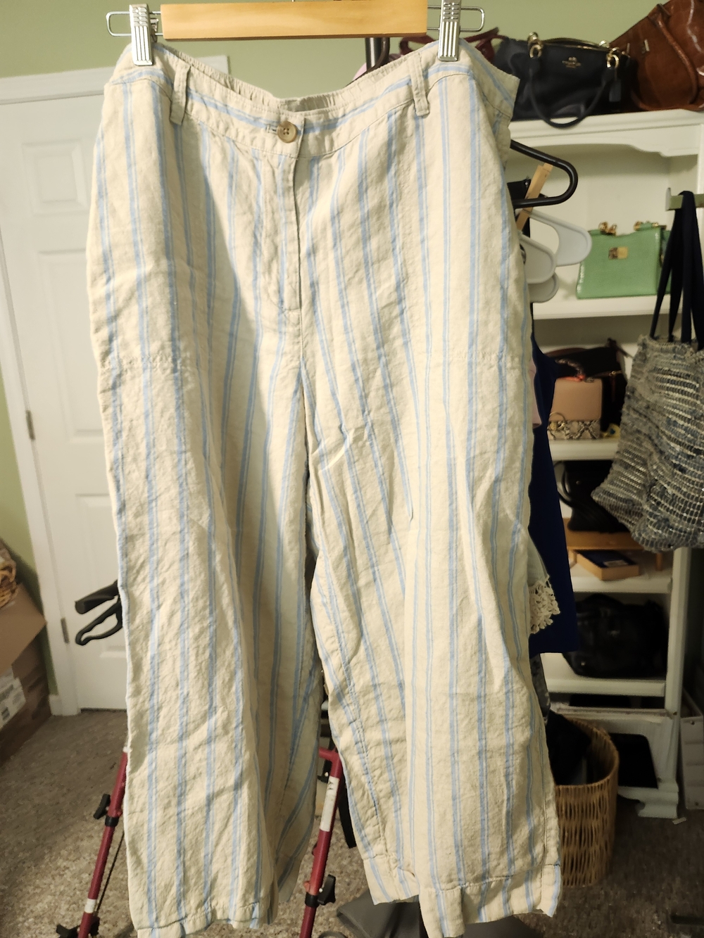 Linen Light Cream & Blue Striped Wide-Leg Pants